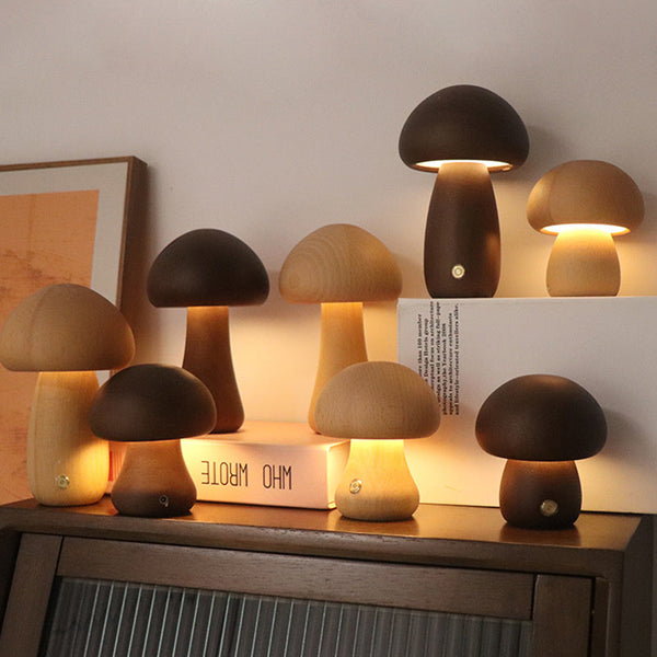 Rechargeable Wooden Mushrooms Table Lamp