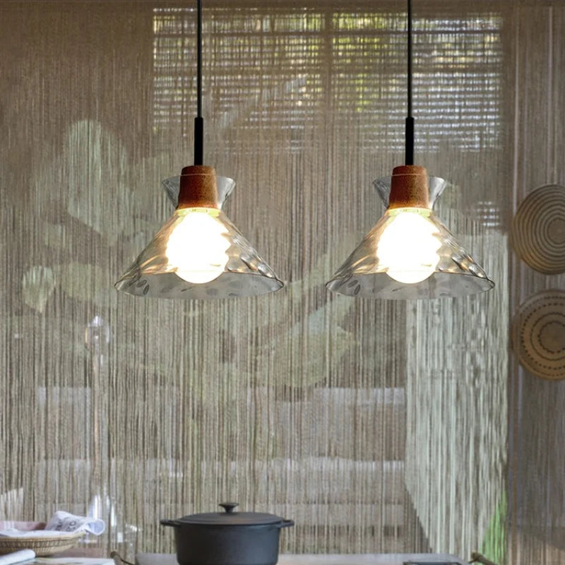 Art Ripple Glass Pendant Lamp Wood Suspension Light