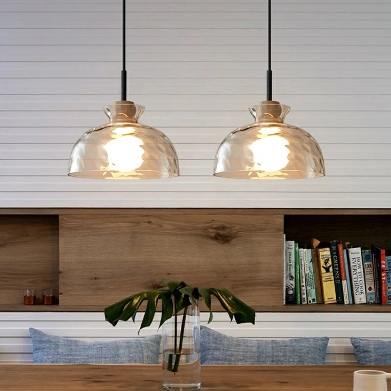 Art Ripple Glass Pendant Lamp Wood Suspension Light